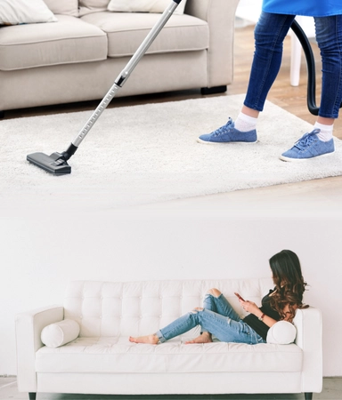 Woman relaxing while the room is being cleaned