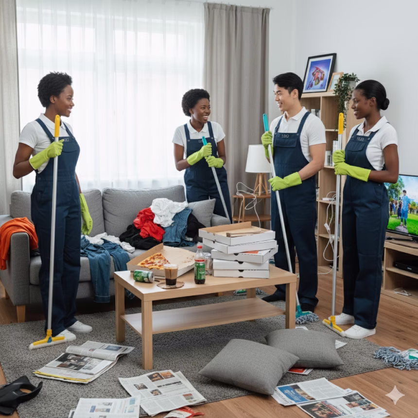 team of cleaners happy doing their work